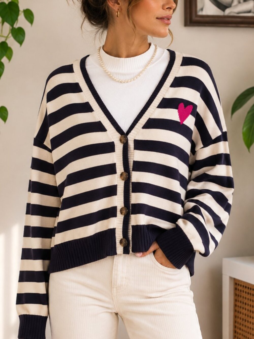 LOFT CASHMERE BLEND LCardigan Navy Cream NWOT Pink Heart PrEPPY HERITAGE y2k
